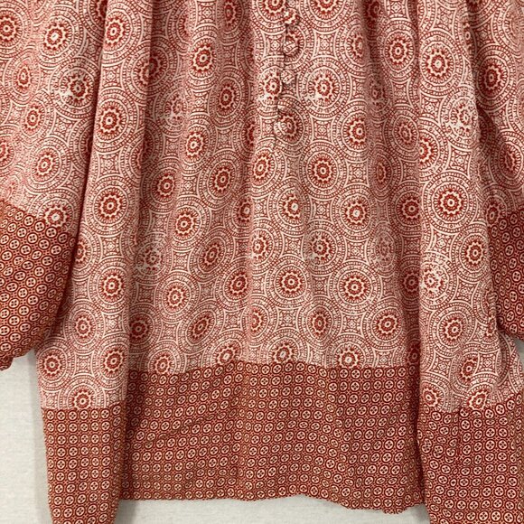 Jones New York Red Tan Patterned 3/4 Sleeve Peasant Popover Blouse 1X Soft Rayon - Picture 3 of 11